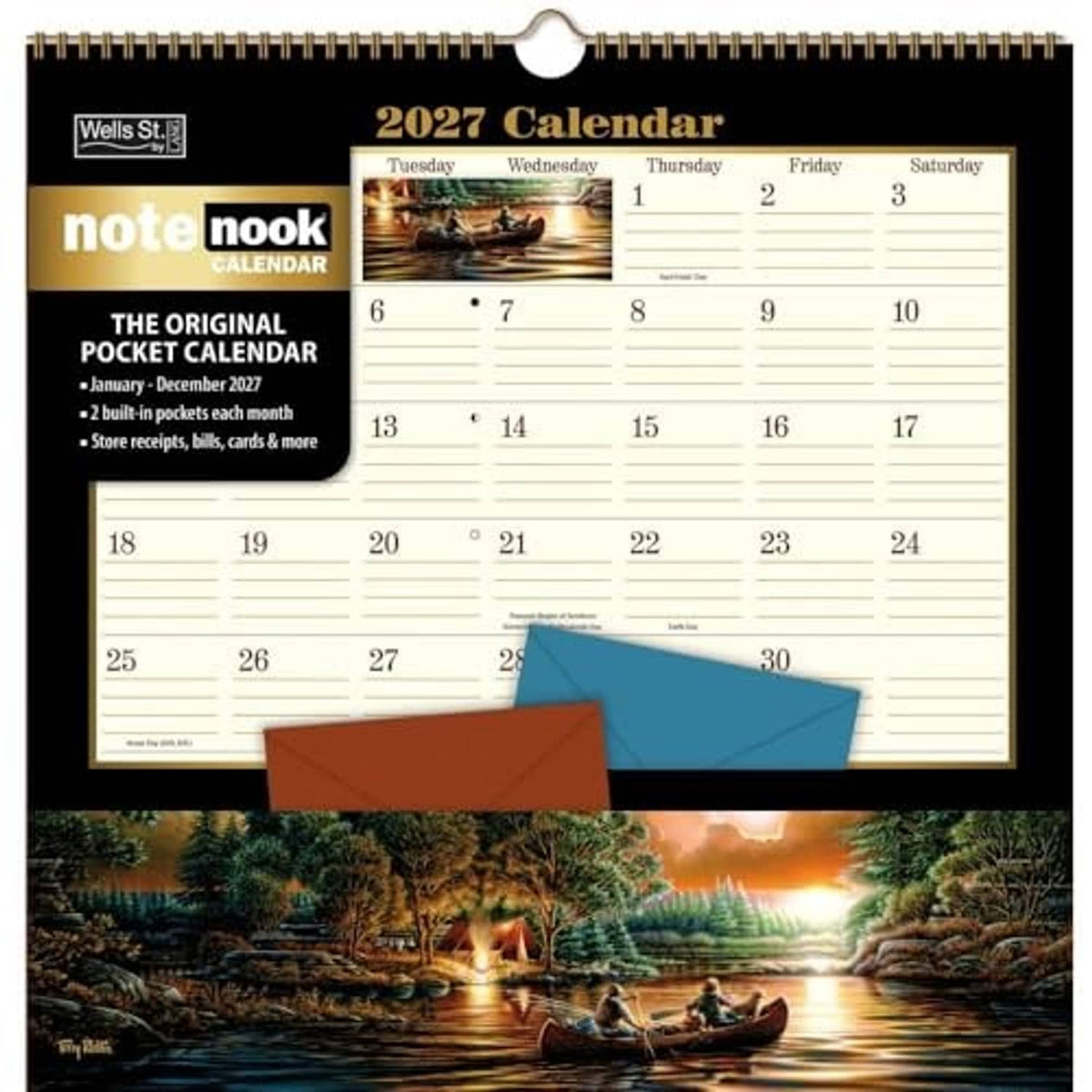 2027 pocket calendar with scenic river artwork and blue envelope insert
