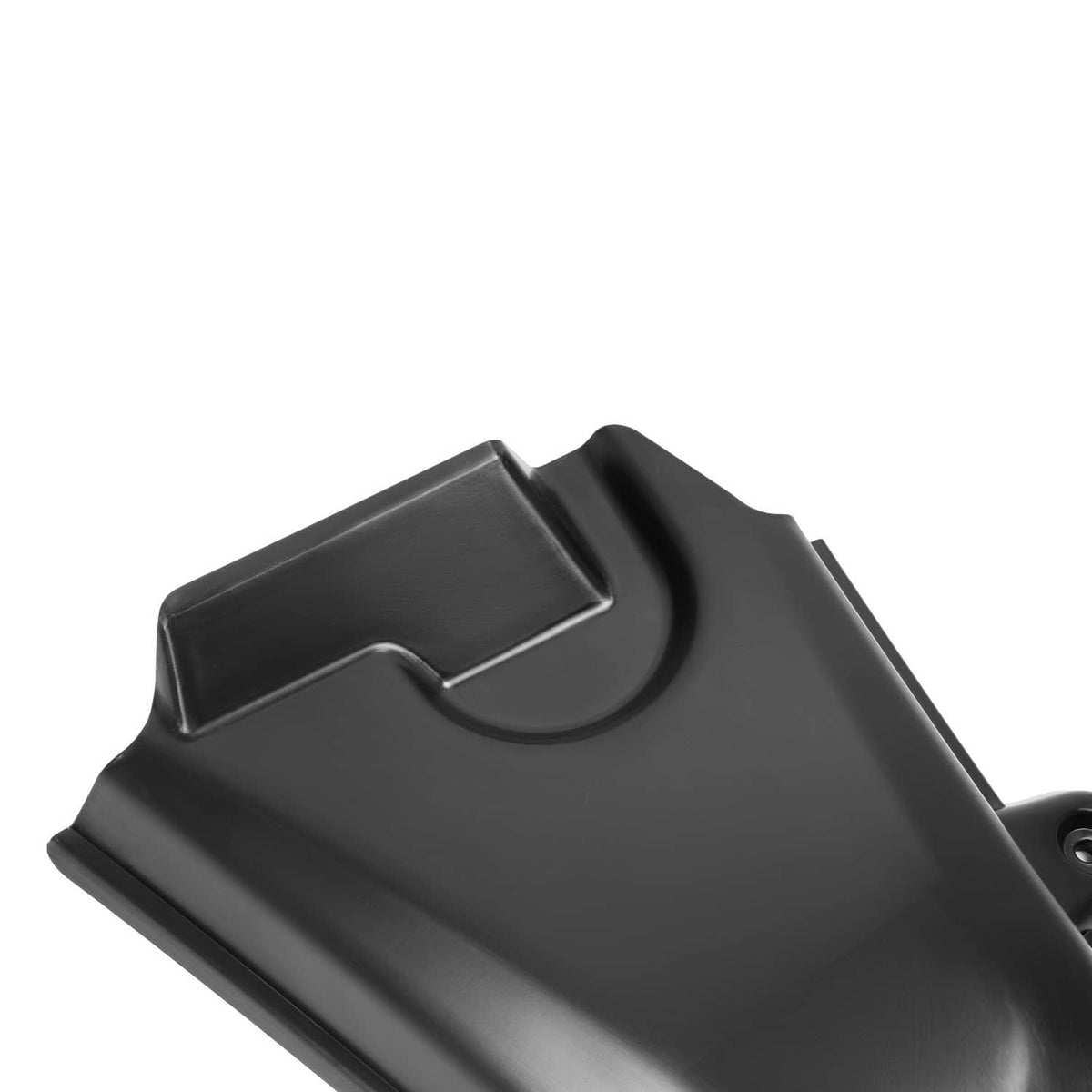Deck pulley cover, dark plastic, curved cover with raised rim and small tab