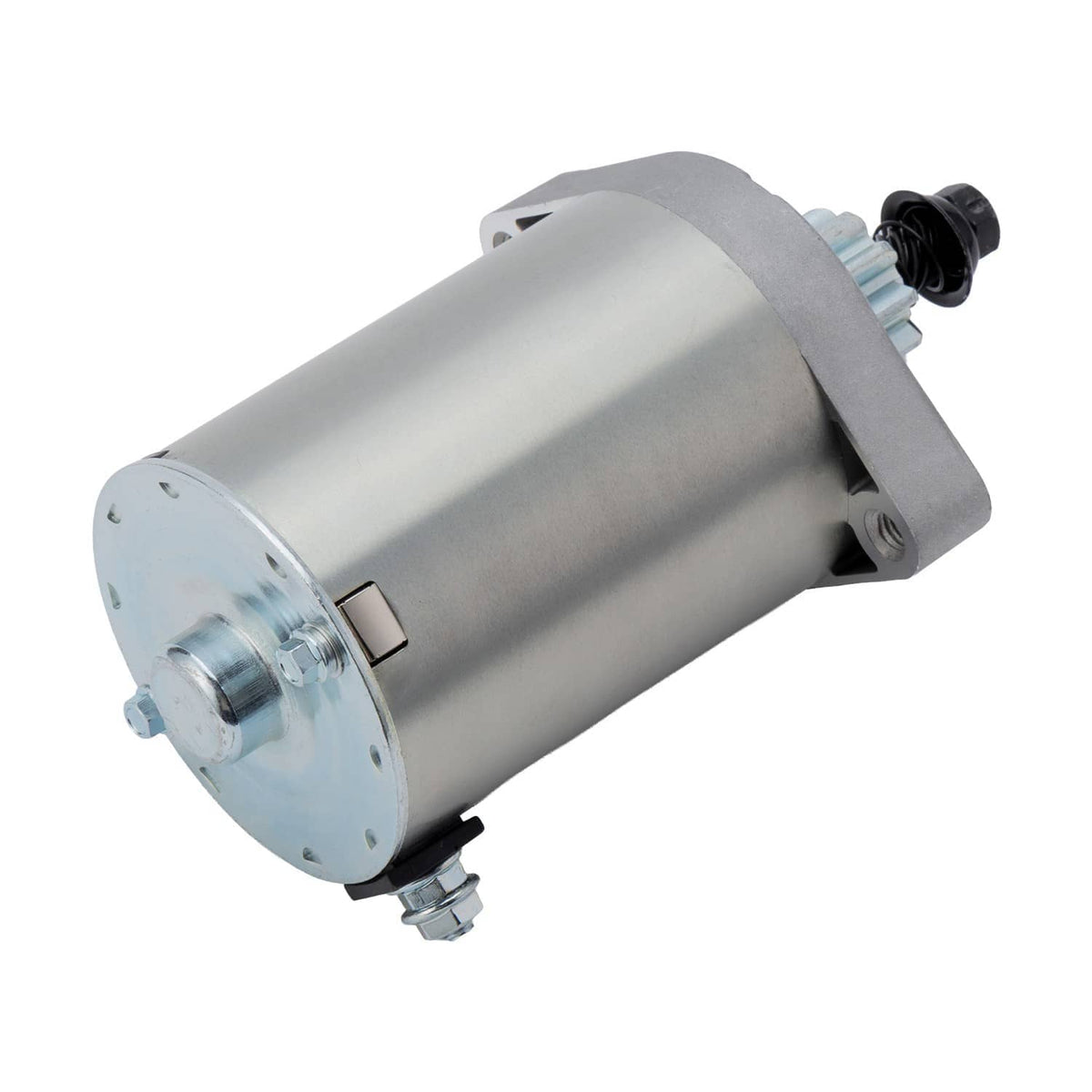 Electric starter motor three-quarter view with mounting bracket and front flange