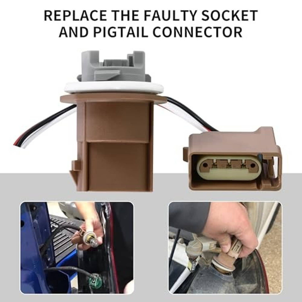 Brown turn-signal socket pigtail connectors with wires and multi-pin plug, replacement view