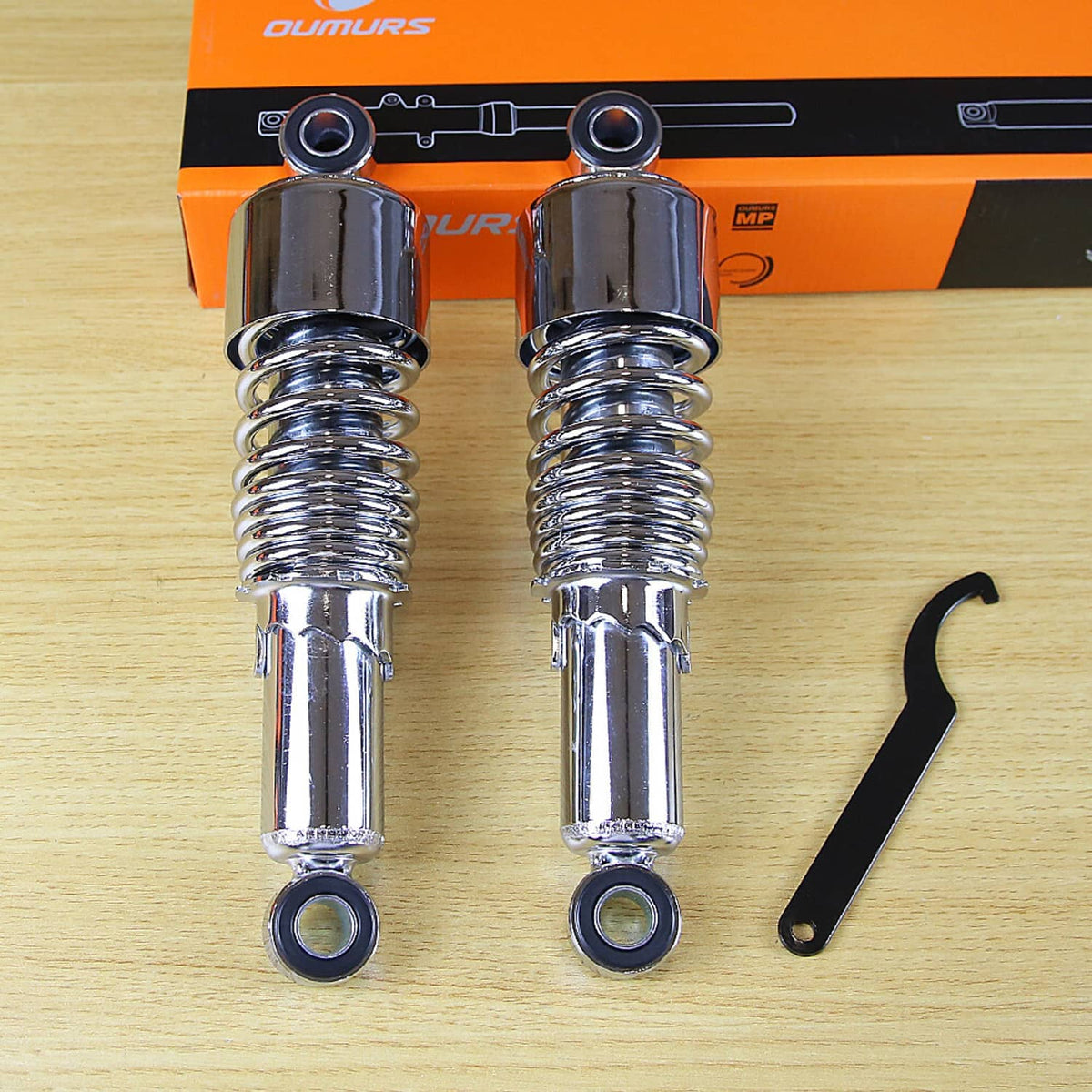 Chrome rear shock absorbers pair with coiled springs, plus installation tool