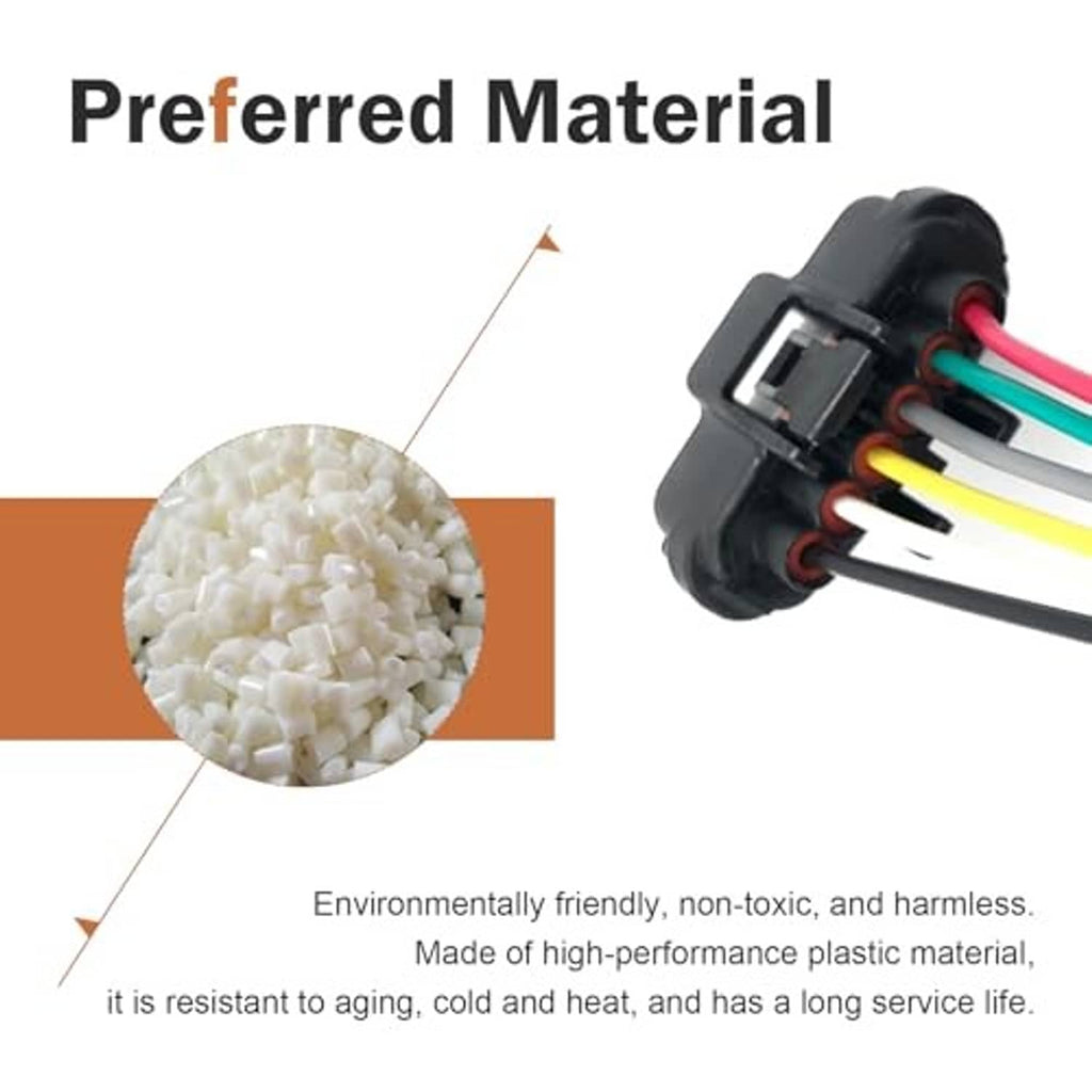 Black plastic 6-pin connector with colored wire leads and sealed housing