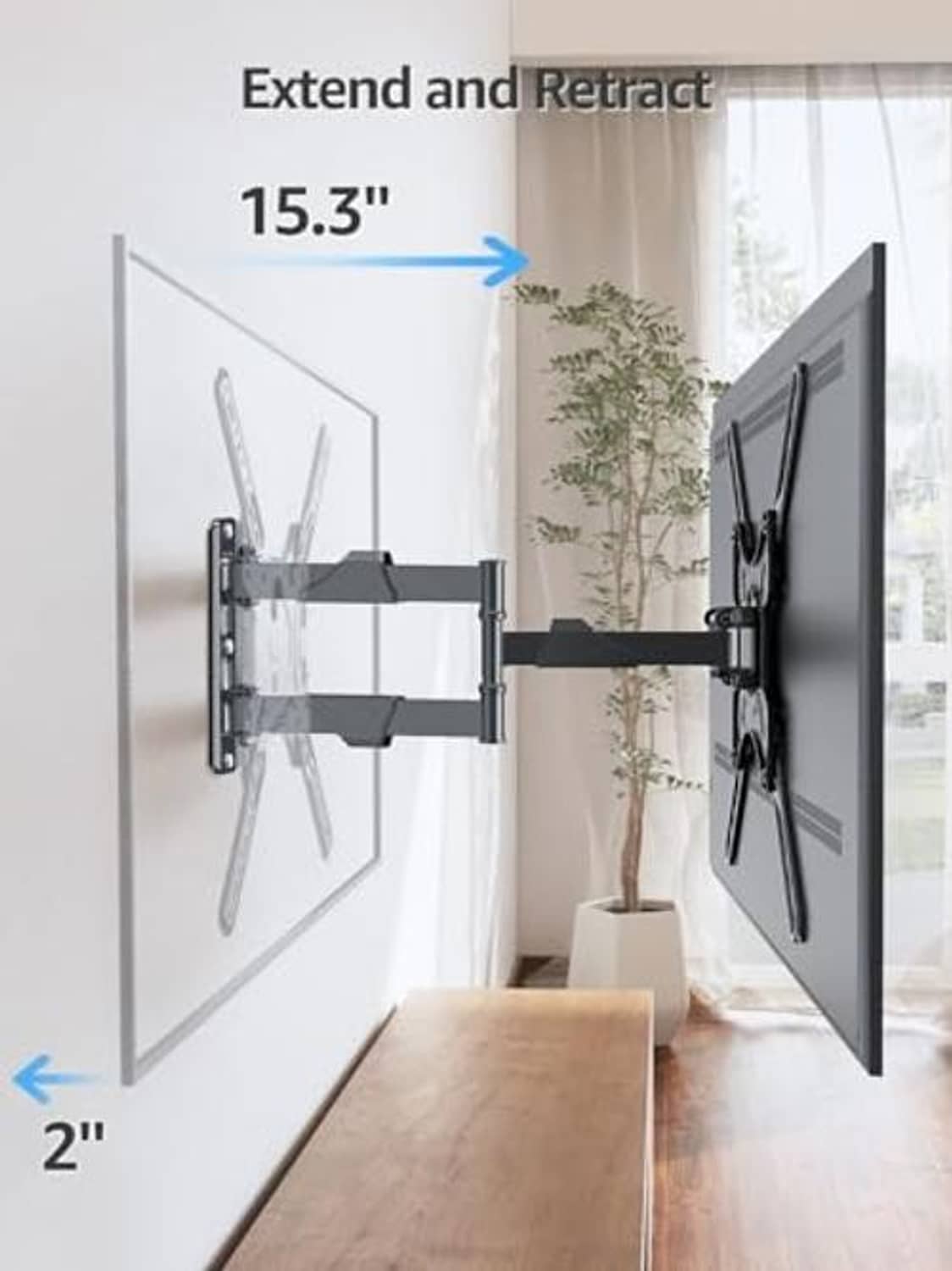 Black full-motion TV wall mount extending and retracting for flexible viewing