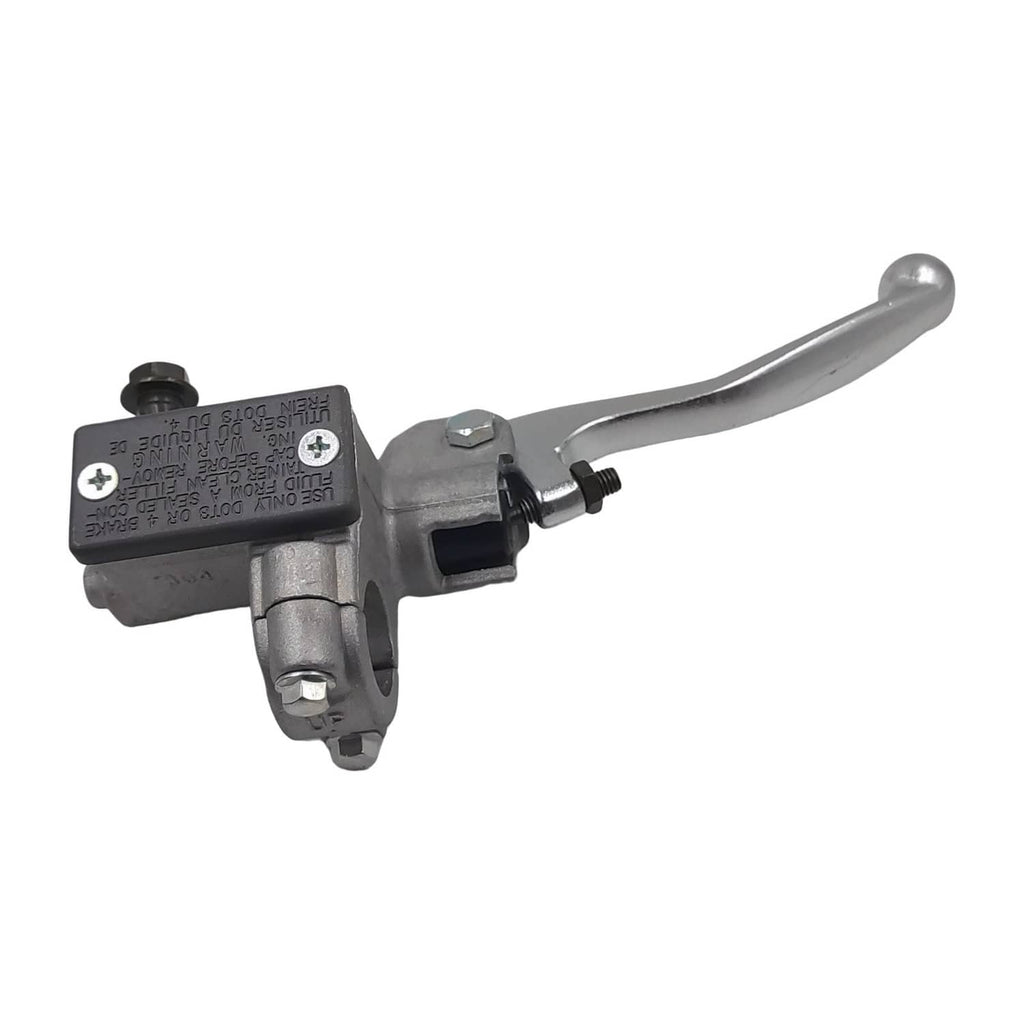Front brake master cylinder lever with chrome lever, black reservoir cap, and mounts
