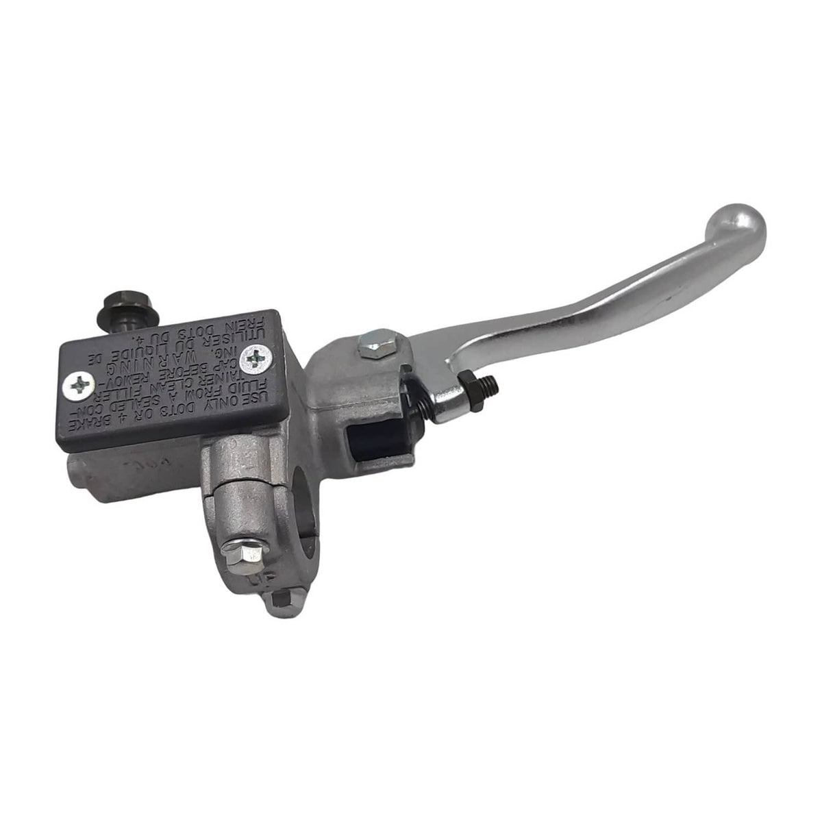 Front brake master cylinder lever with chrome lever, black reservoir cap, and mounts