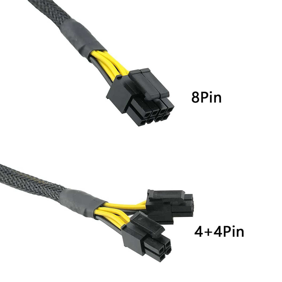 Braided power adapter cable close-up: CPU 8-pin and 4+4-pin connector ends