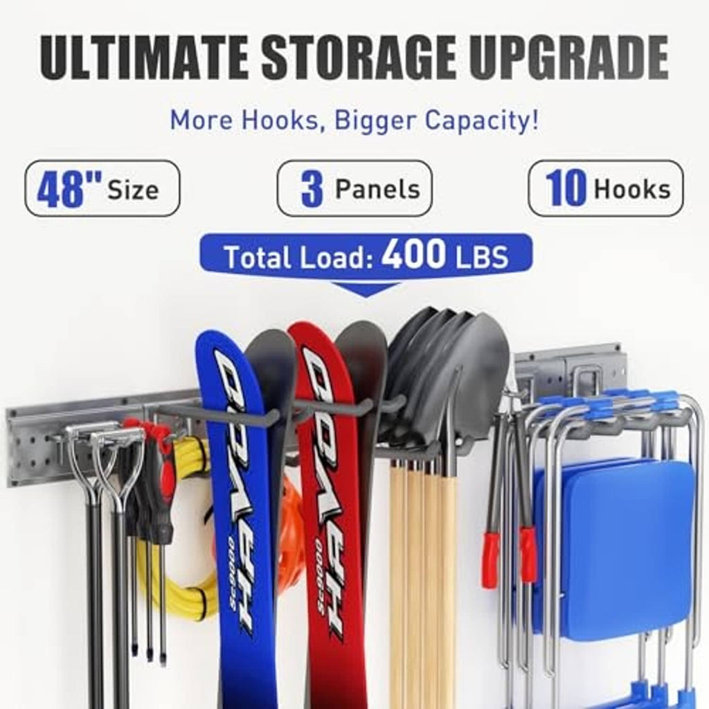 Wall-mounted garage tool organizer with hooks holding hand tools and bins