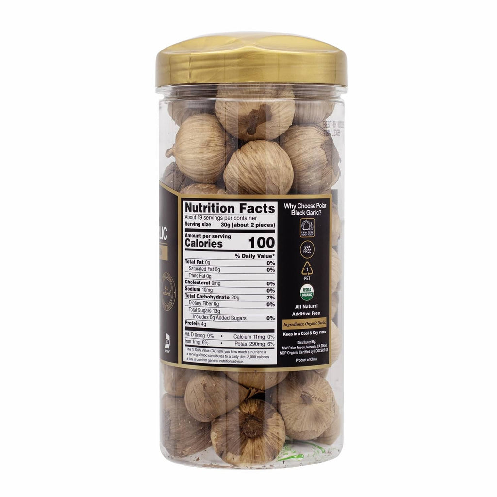 Organic black garlic whole bulbs jar with Nutrition Facts panel and gold lid