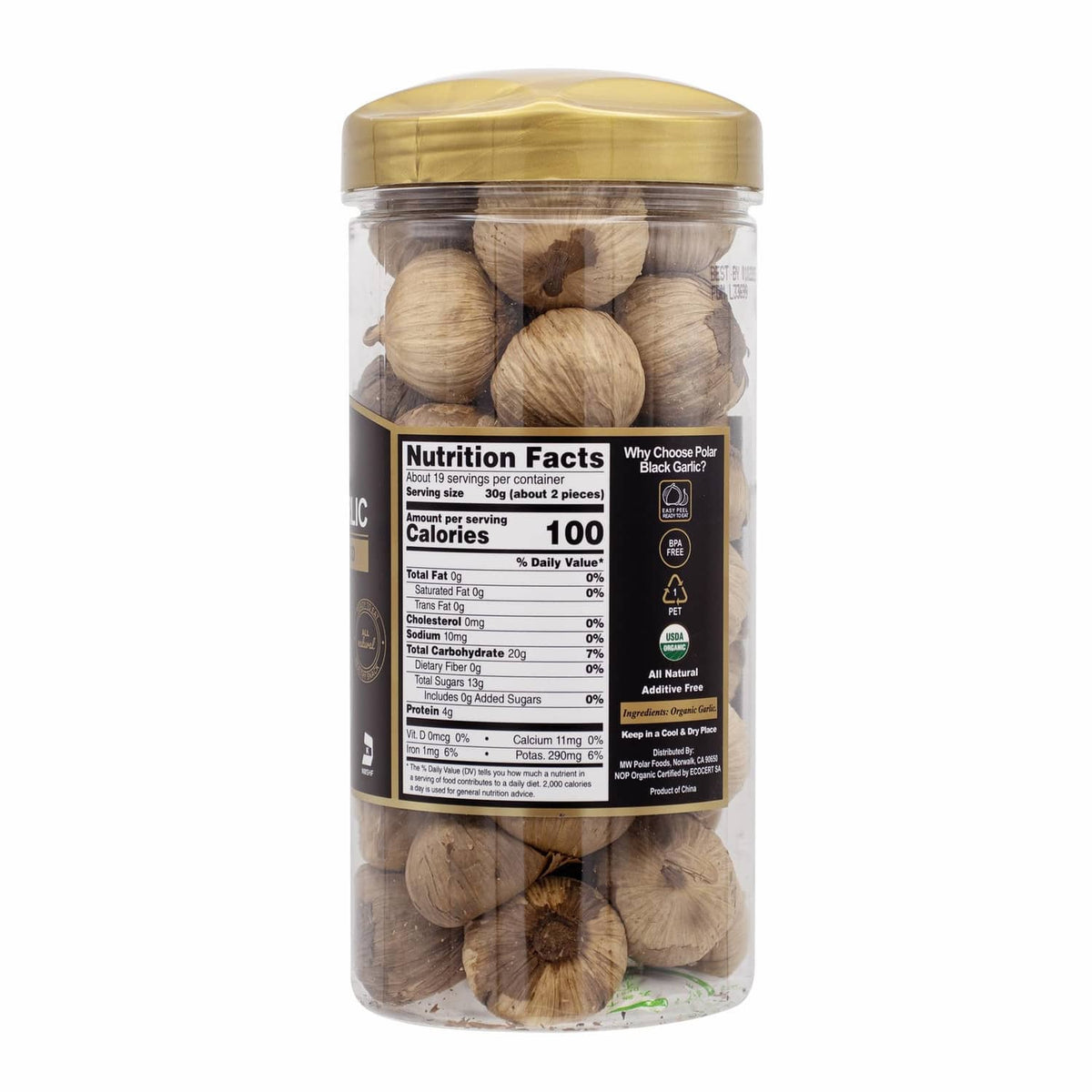 Organic black garlic whole bulbs jar with Nutrition Facts panel and gold lid