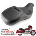 Black 2-up motorcycle seat with contoured rider and passenger sections, stitched seams