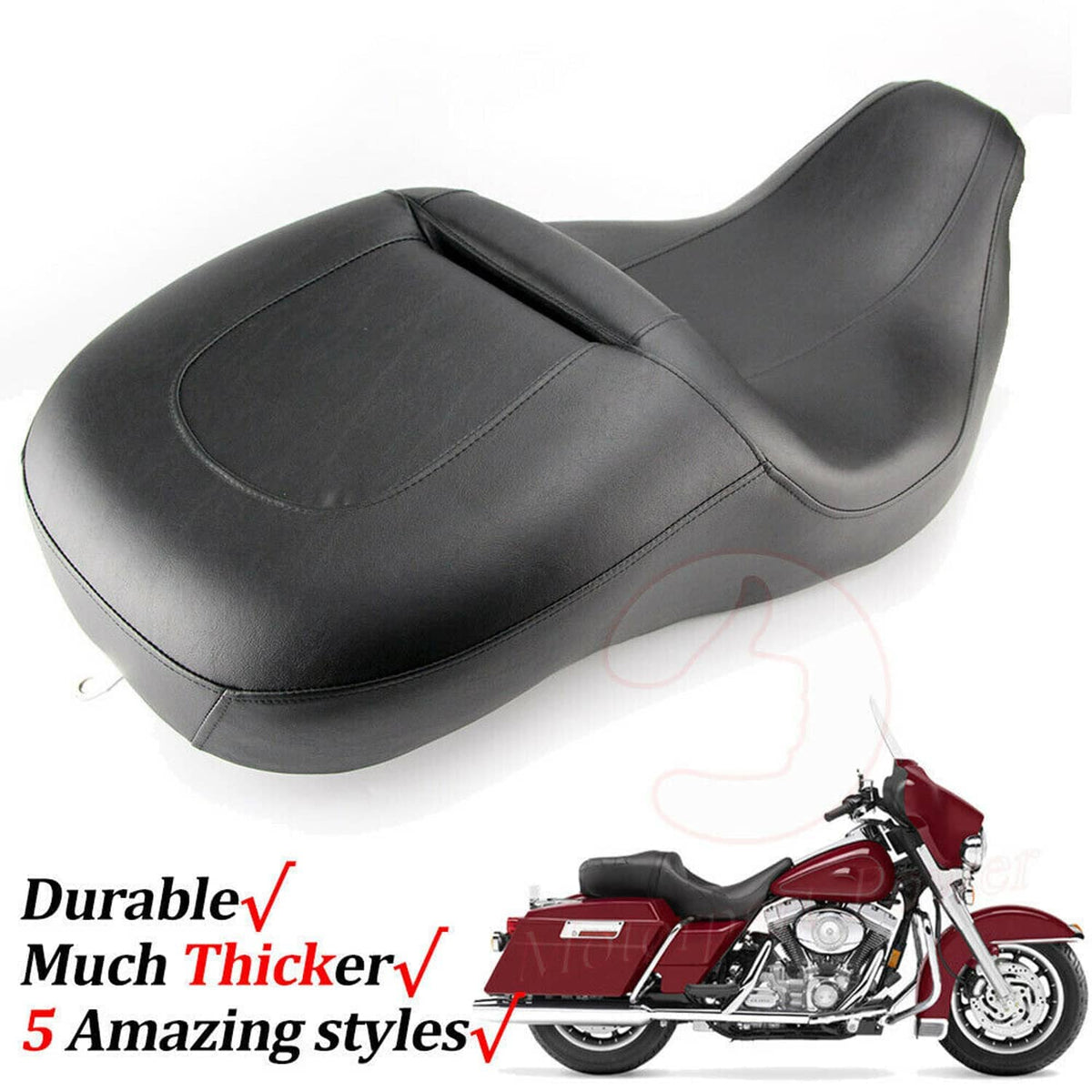 Black 2-up motorcycle seat with contoured rider and passenger sections, stitched seams