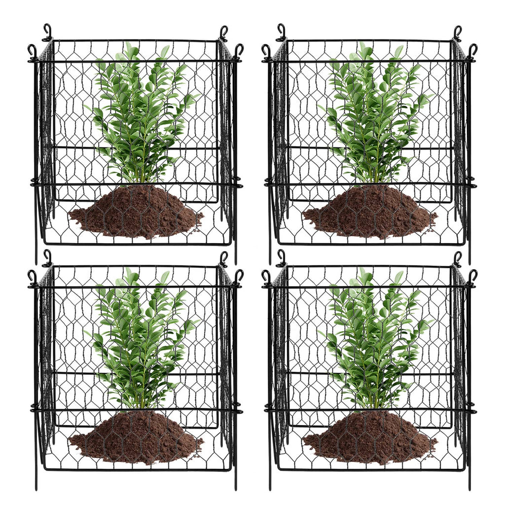 Four-pack black metal mesh plant protector cages with potted plants