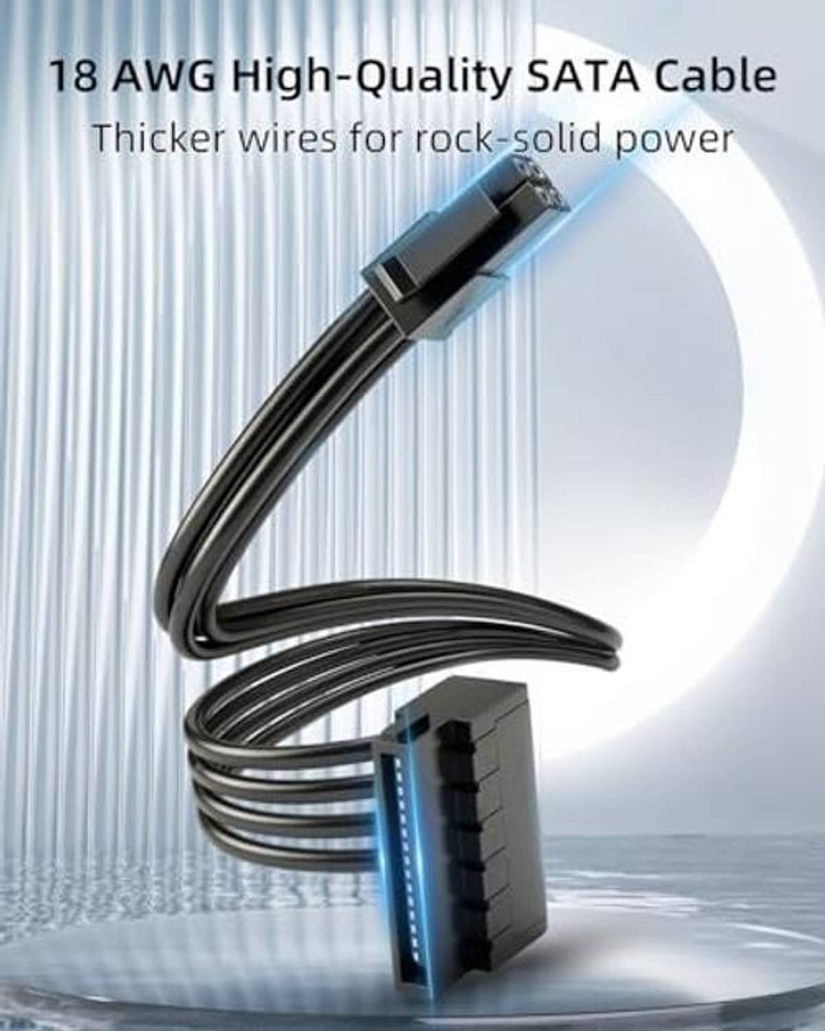 Black SATA power cable with stacked 15-pin connector and mini 4-pin end, close-up.