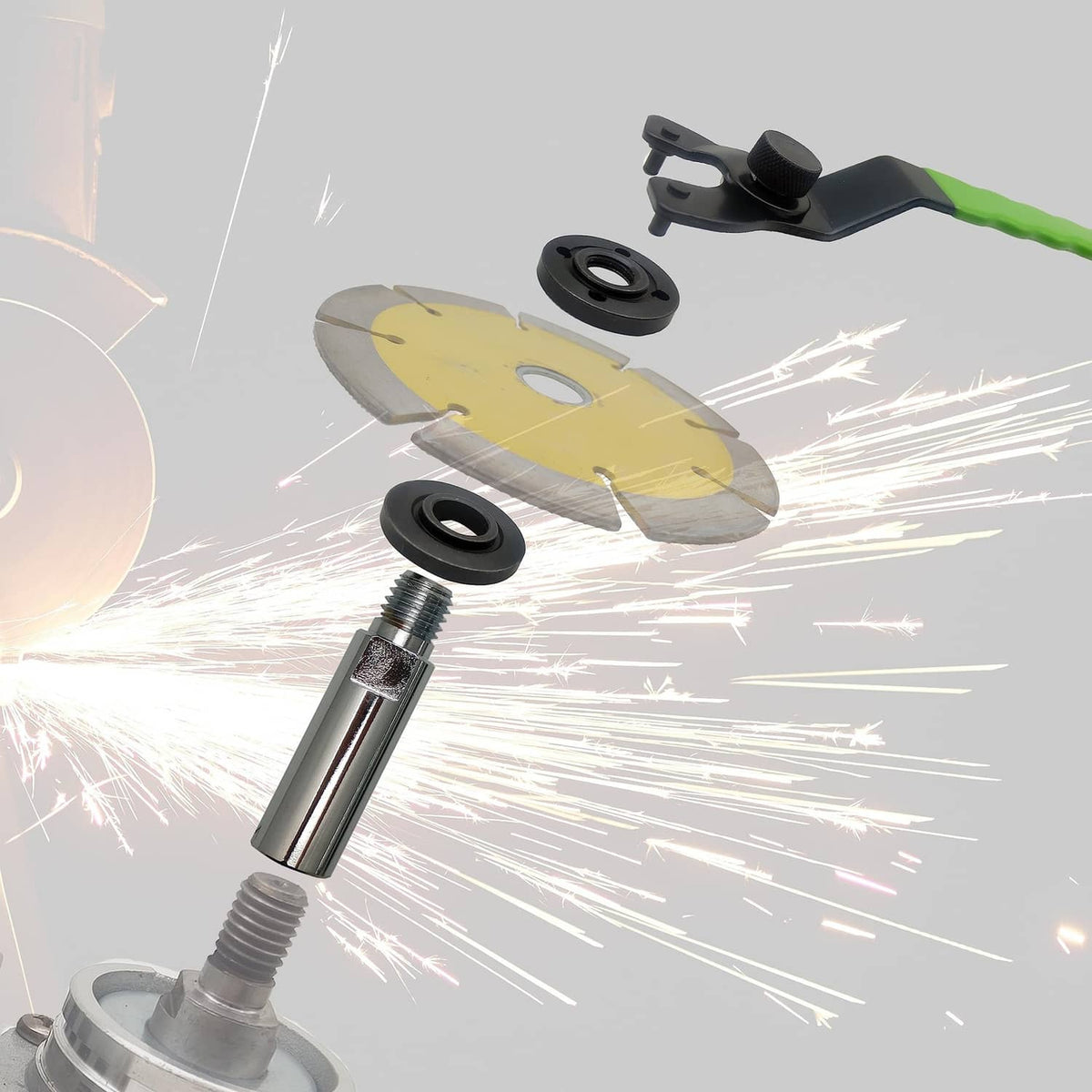 Angle grinder extension shaft with black adapter ring and silver post during cutting sparks