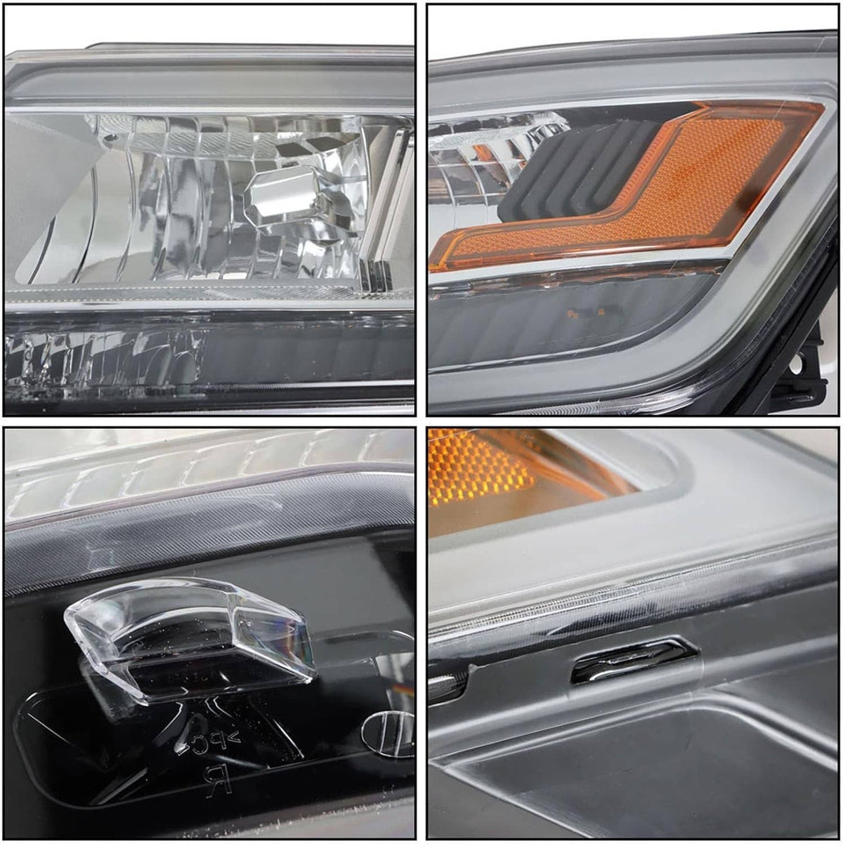 Driver left headlight lens details with clear projector, amber reflector, and chrome accents