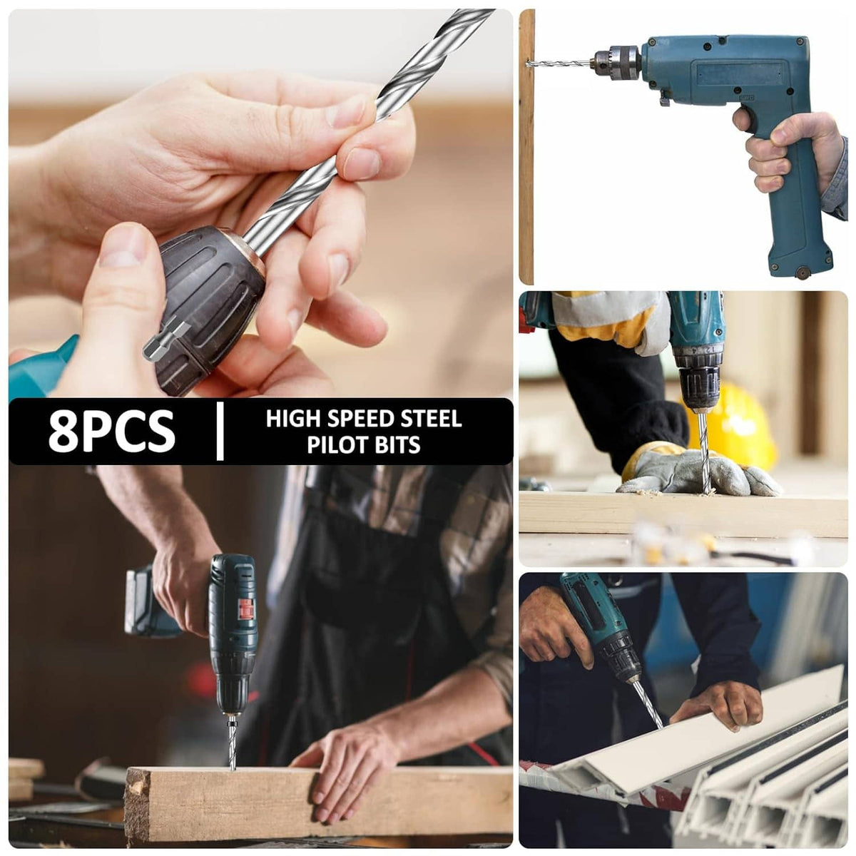 8-piece pocket hole drill bit set with pilot bits and stop collar