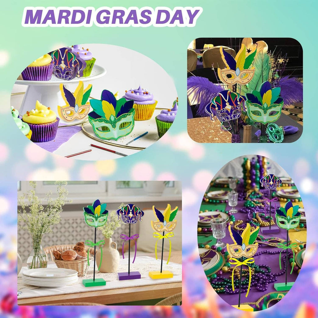 Mardi Gras centerpiece set shown on table with three mask toppers and ribbon bows