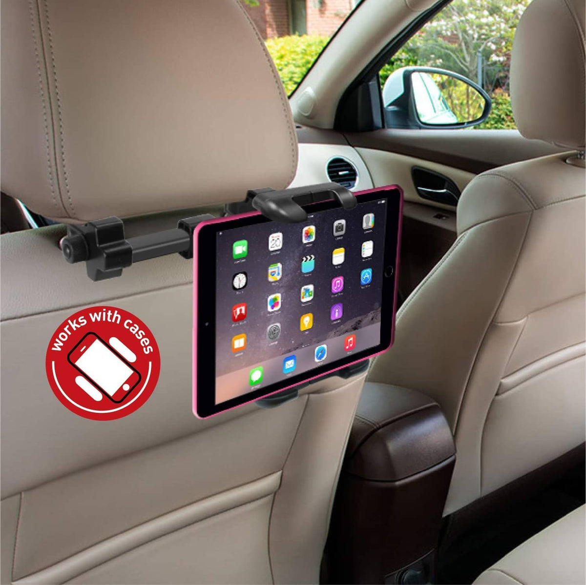 Backseat car mount with tablet holder and side clips supporting a device with case