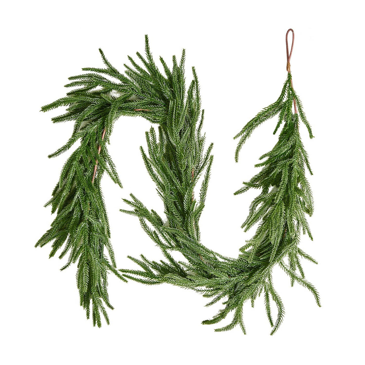 Artificial green pine garland wreath with dense needles and hanging loop