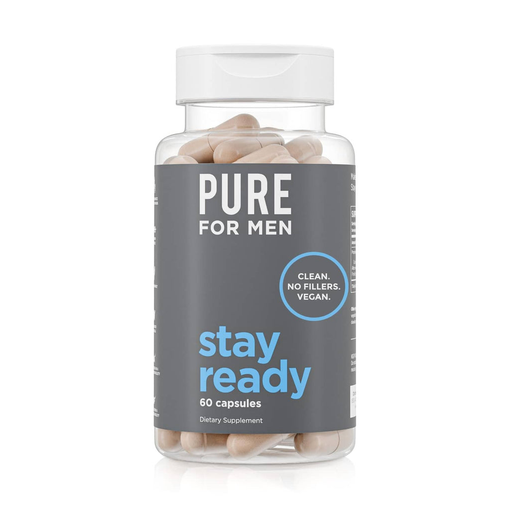 Fiber supplement bottle with 'Pure for Men' front label and 60 capsules