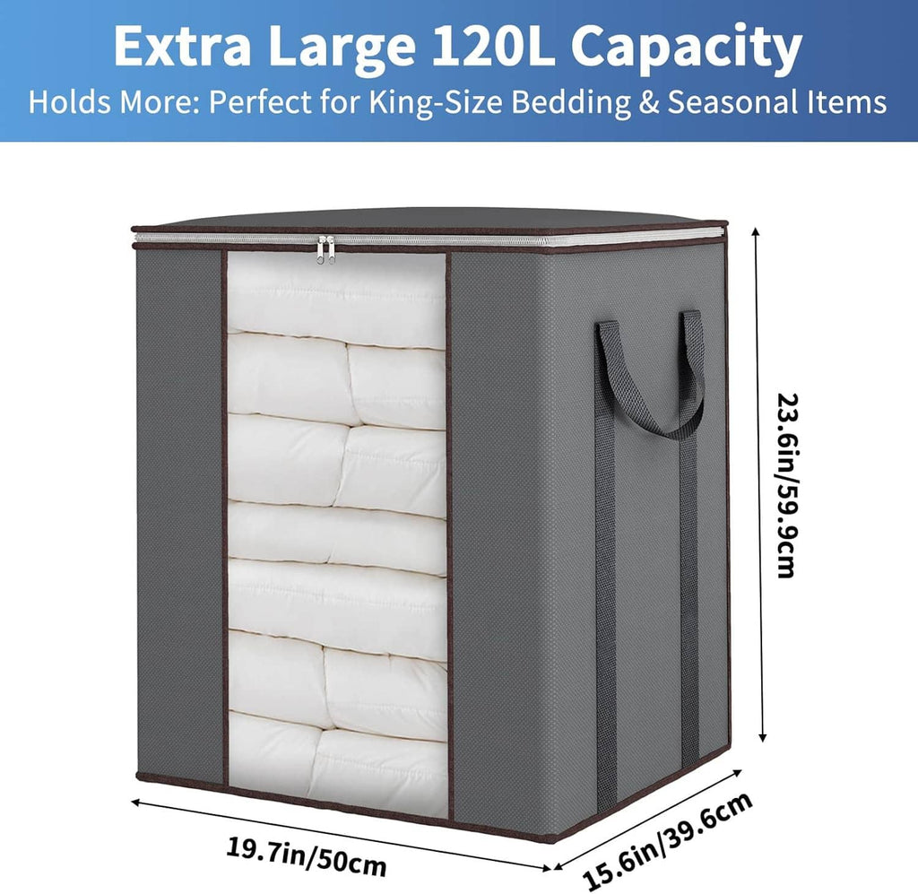 Gray 120L storage bag with brown trim, top zipper, front window and two carry handles