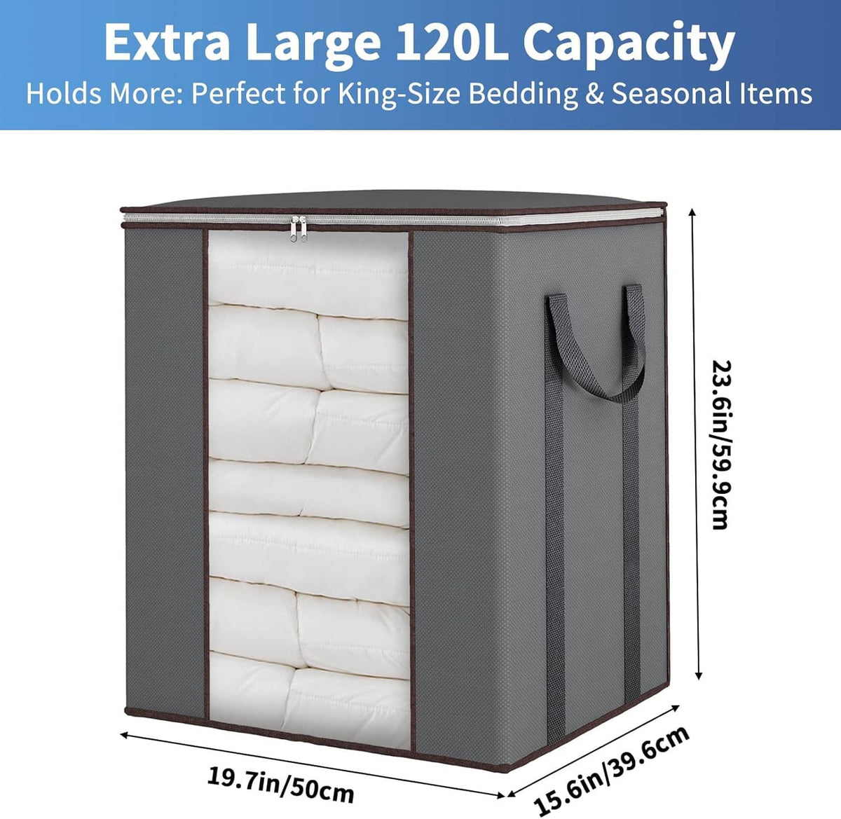 Gray 120L storage bag with brown trim, top zipper, front window and two carry handles