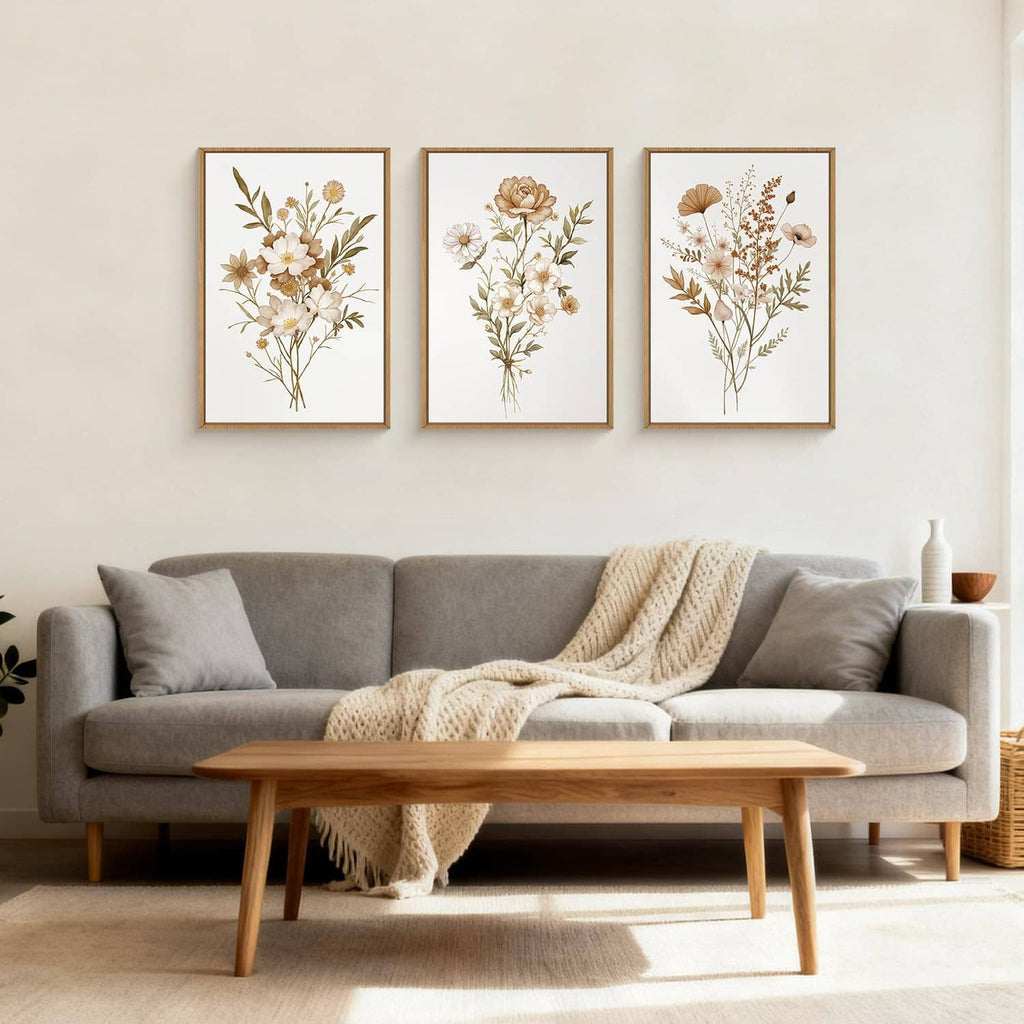 Three framed botanical flower canvas prints on wall, cream backgrounds with tan blooms