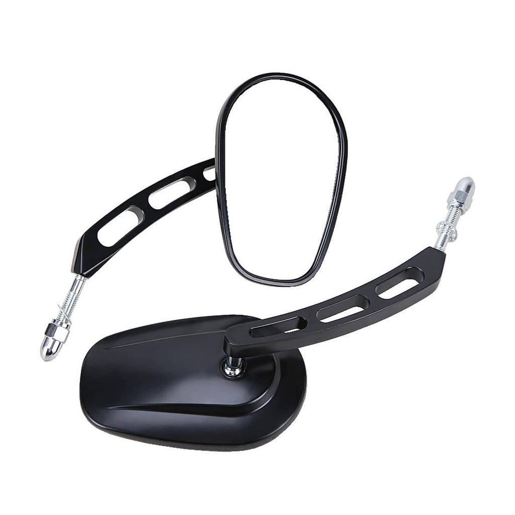 Pair of black motorcycle rearview mirrors with chrome stems and mounting hardware