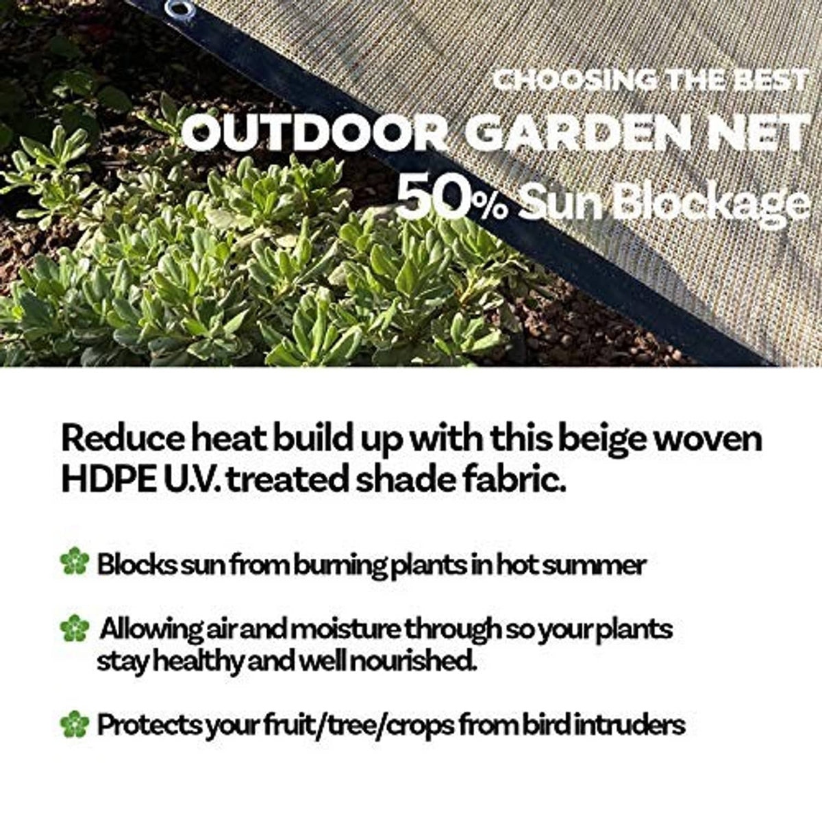Beige HDPE shade netting sheet with black edge, draped over plants