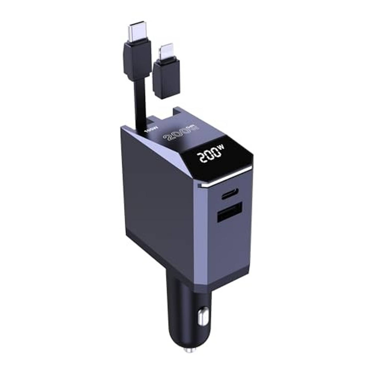 Retractable 3-in-1 car charger with power display, two connectors on top, black and gray