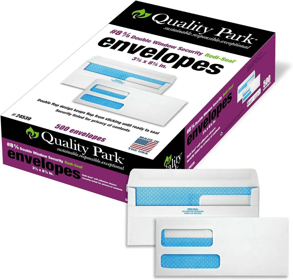 Pack of security double-window self-sealing envelopes, white with blue window strips