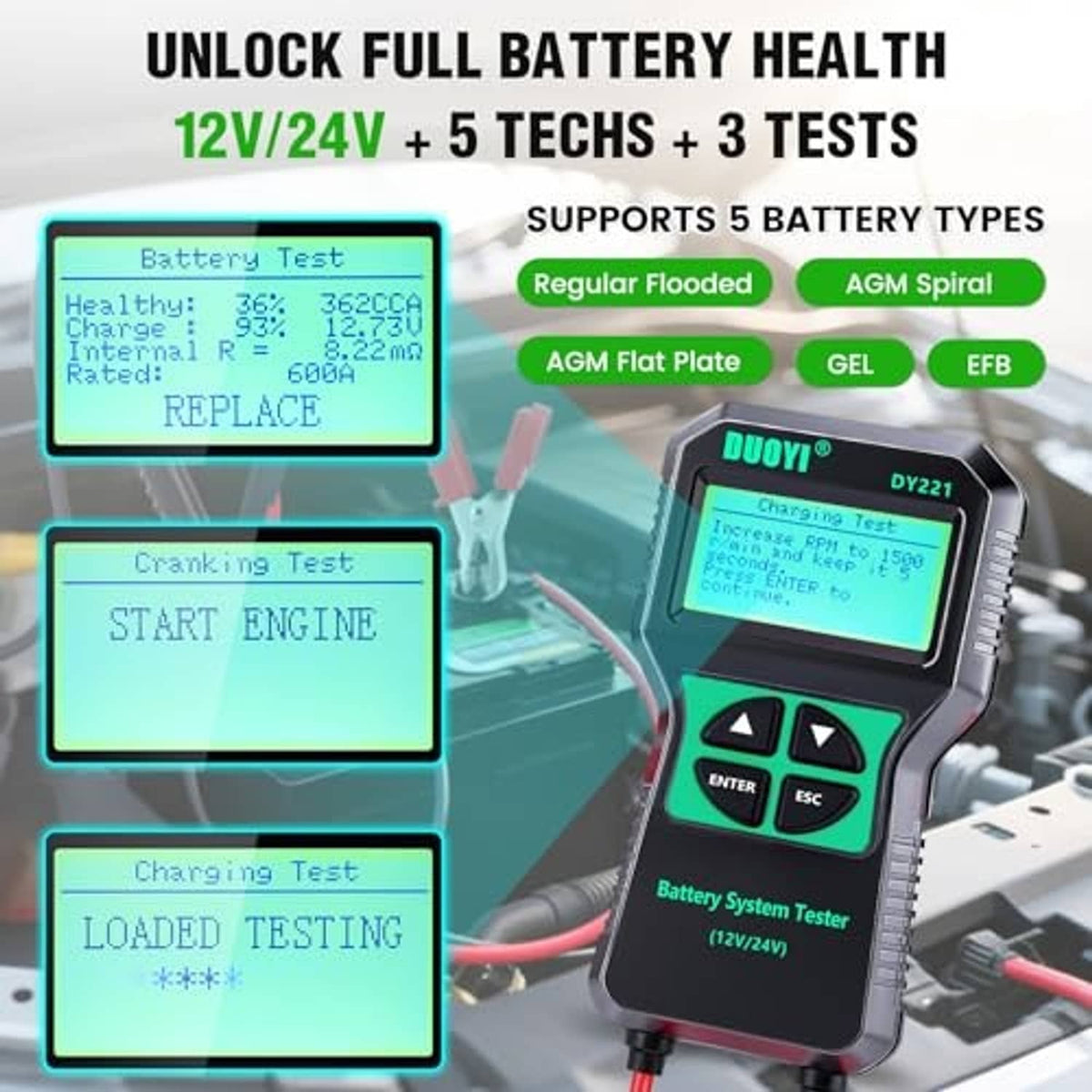 Handheld battery tester with LCD display and red/black clamp cables near car engine