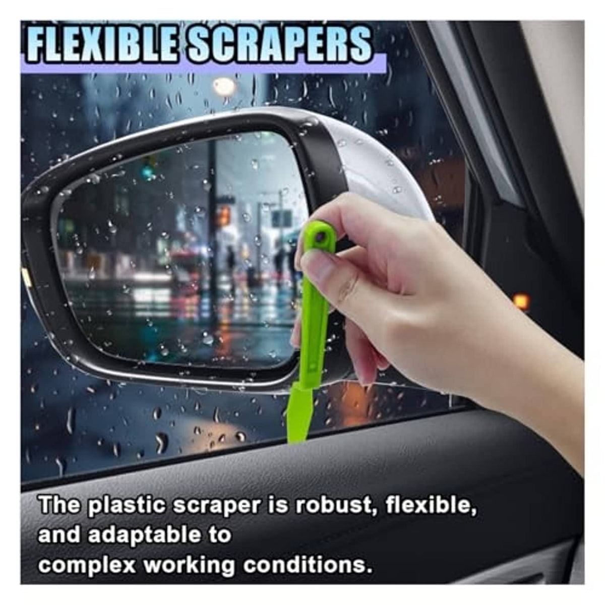 Bright green flexible scraper squeegee tool in hand, long handle for smoothing