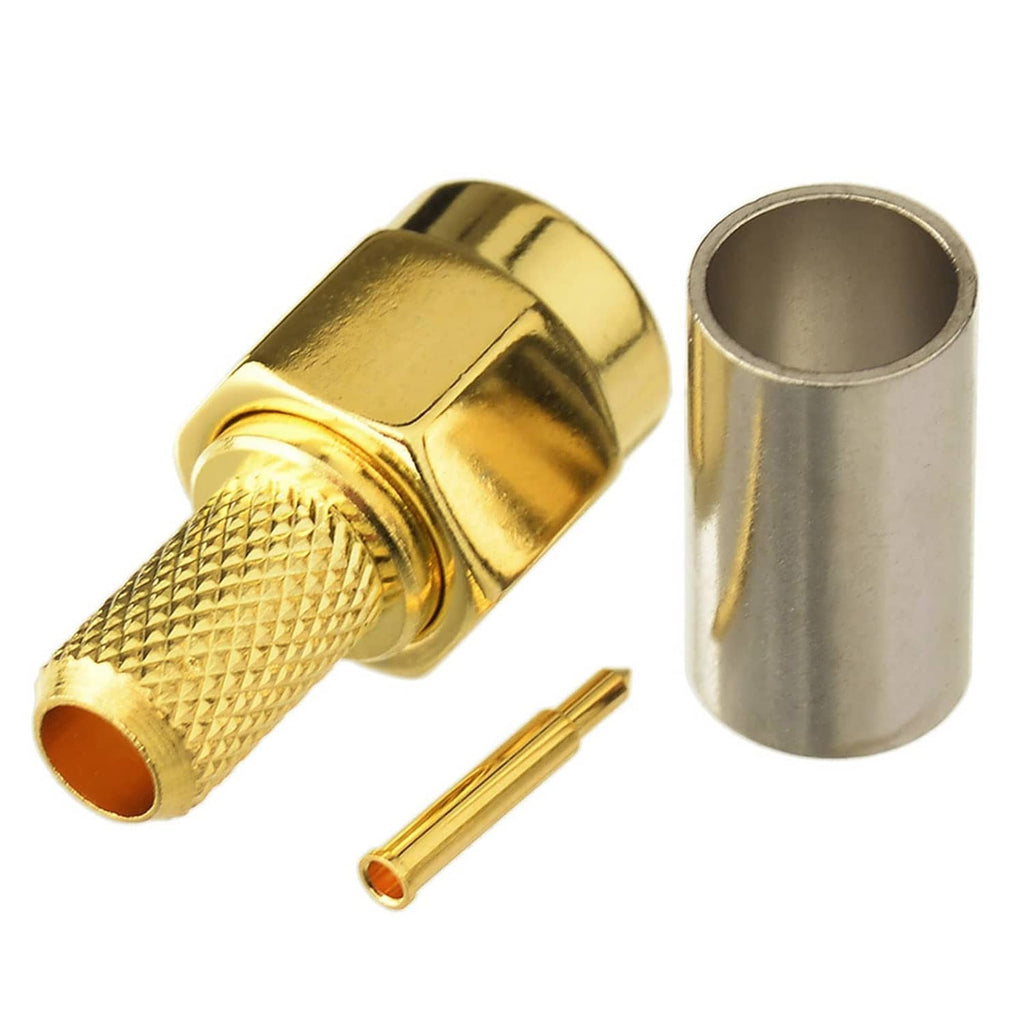SMA male RF crimp connector with gold plug, crimp piece, and cylindrical metal sleeve