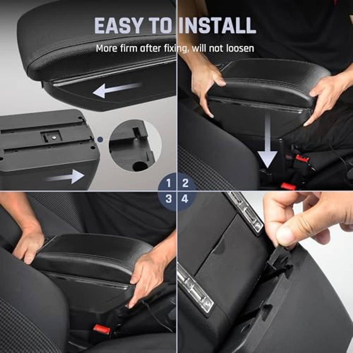 Black armrest box being installed with mounting steps and bracket pieces