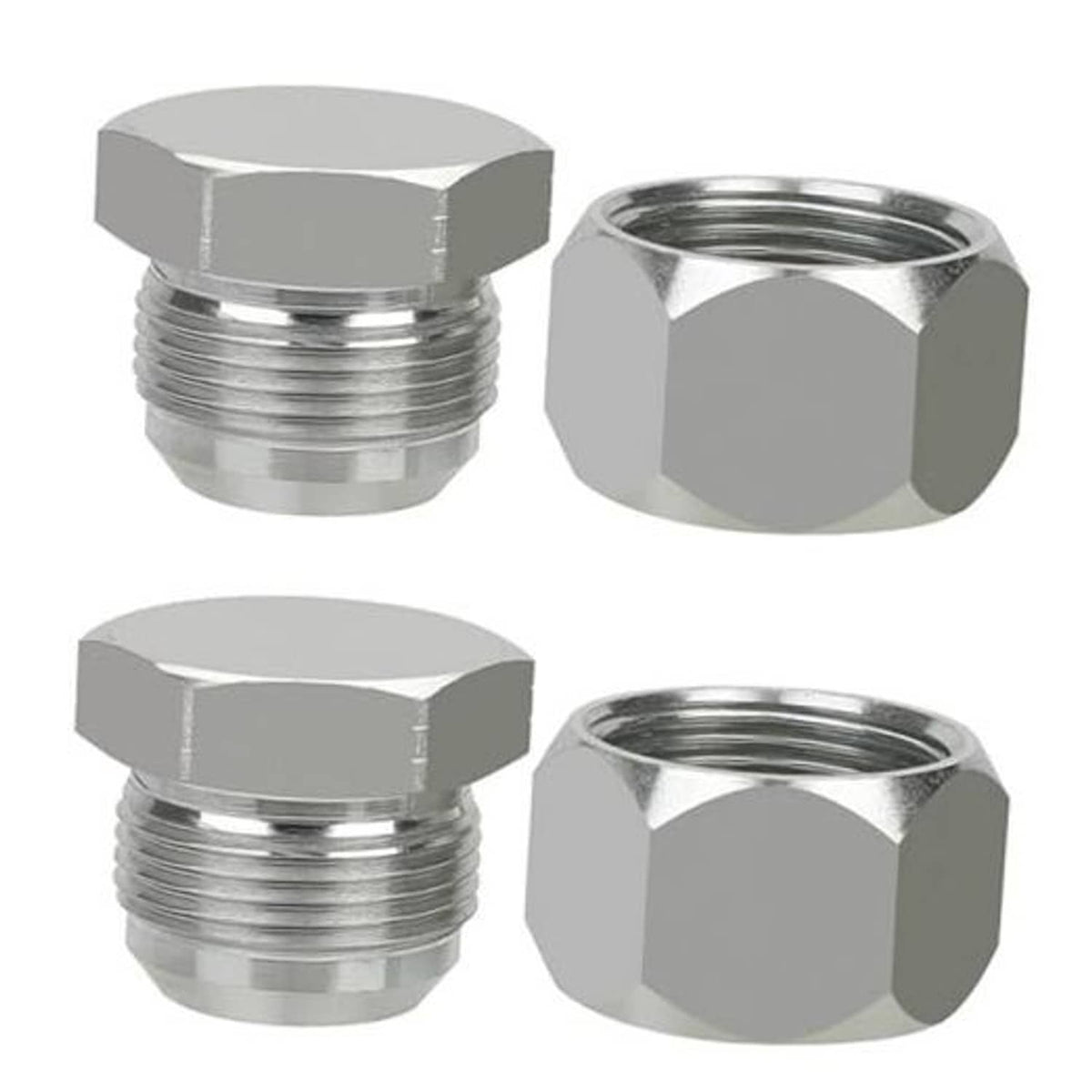 JIC hydraulic hose fitting cap and plug, silver hex head with internal threads
