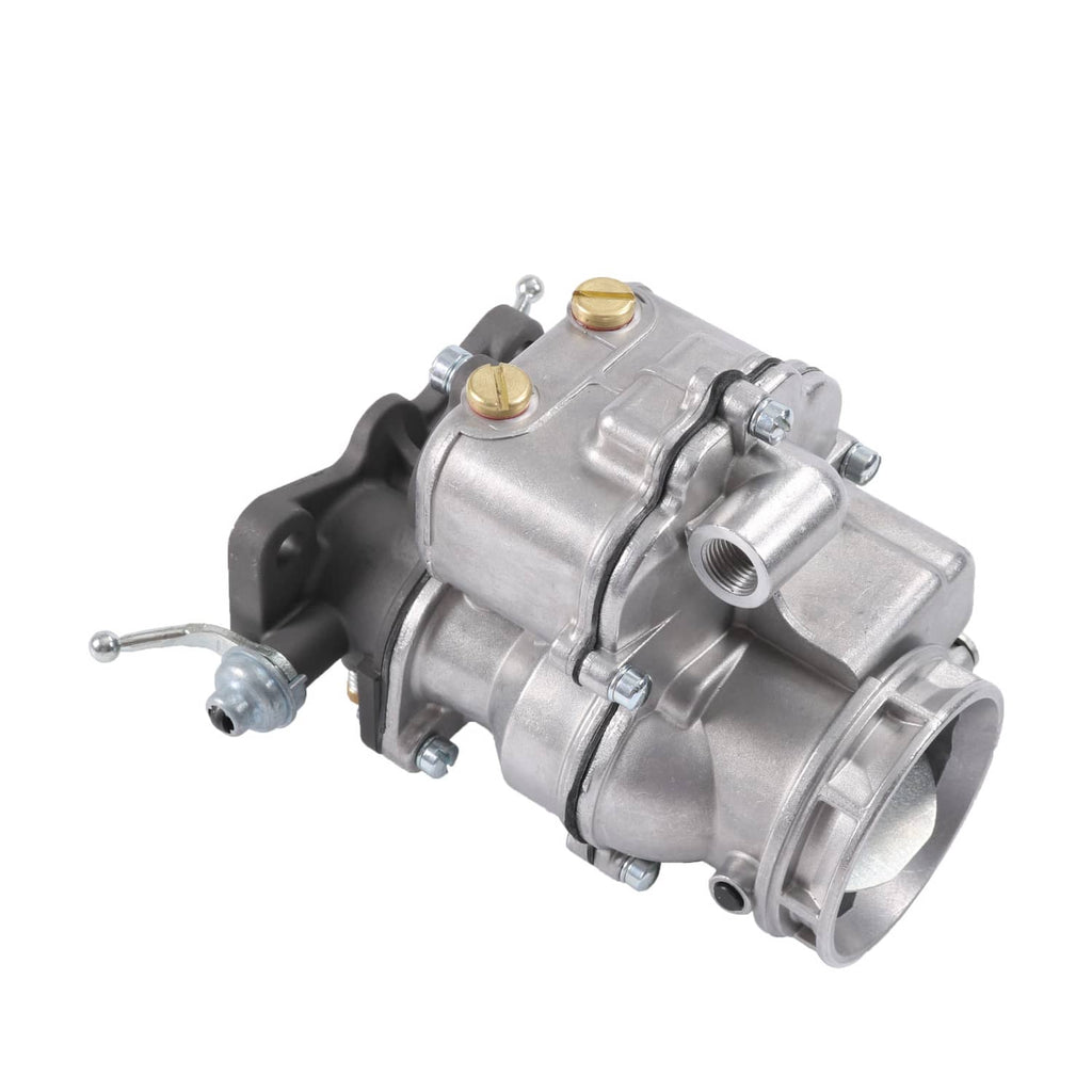 2-barrel carburetor with silver body and mounting studs, side view