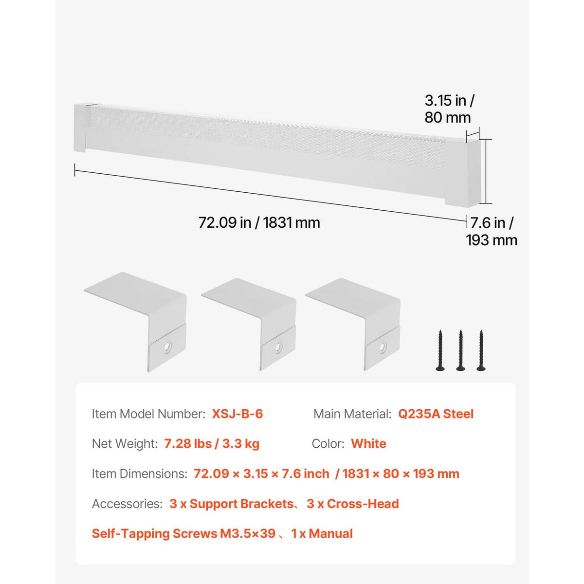 White baseboard heater cover set with three support brackets and screws