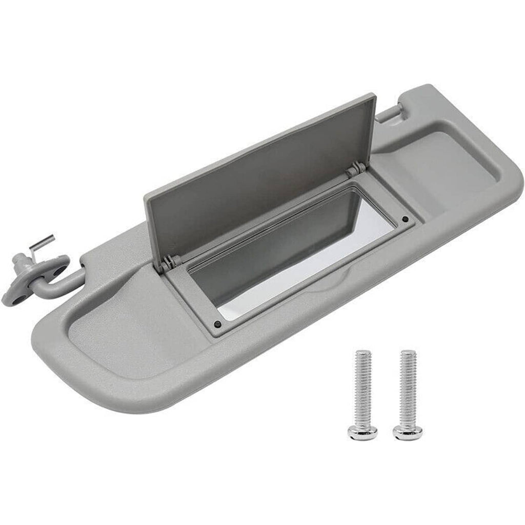 Light gray left driver sun visor open with mirror panel and side mounting arm