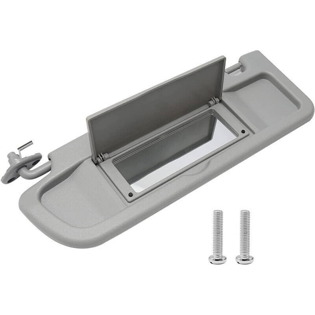 Light gray left driver sun visor open with mirror panel and side mounting arm