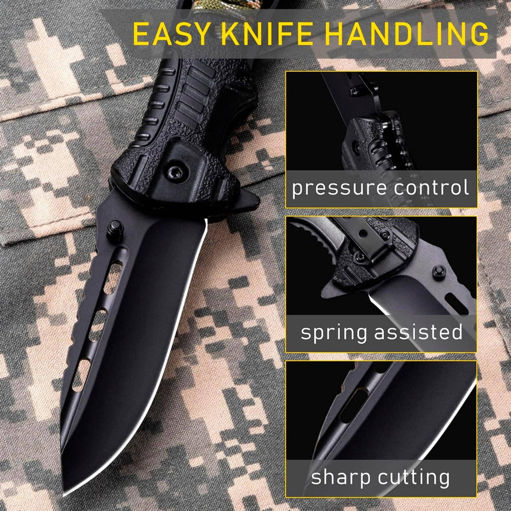 Black folding knife with textured grip, thumb stud, and paracord-wrapped handle