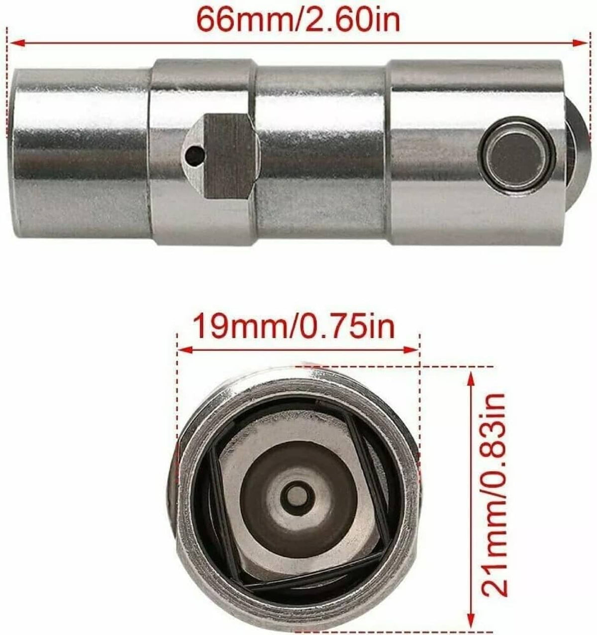 Steel cam lifter component with seal opening, shown with inner and outer size markings
