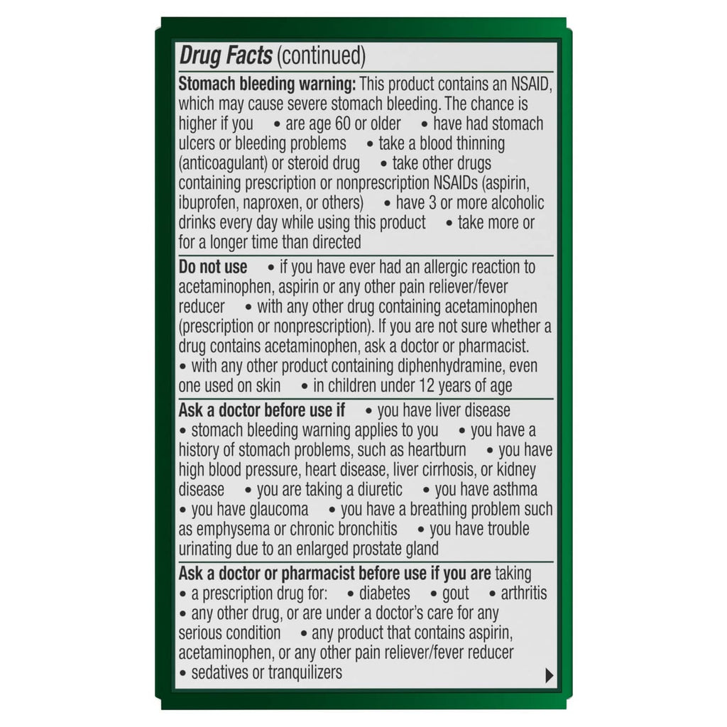Drug Facts information panel on caplets box, dense text block in green border