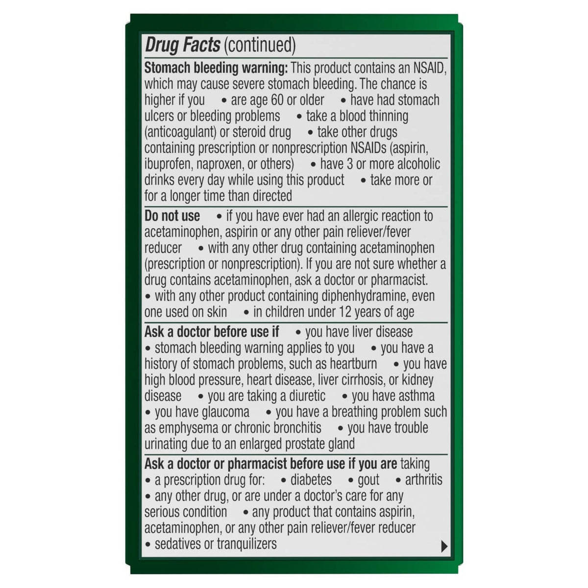 Drug Facts information panel on caplets box, dense text block in green border