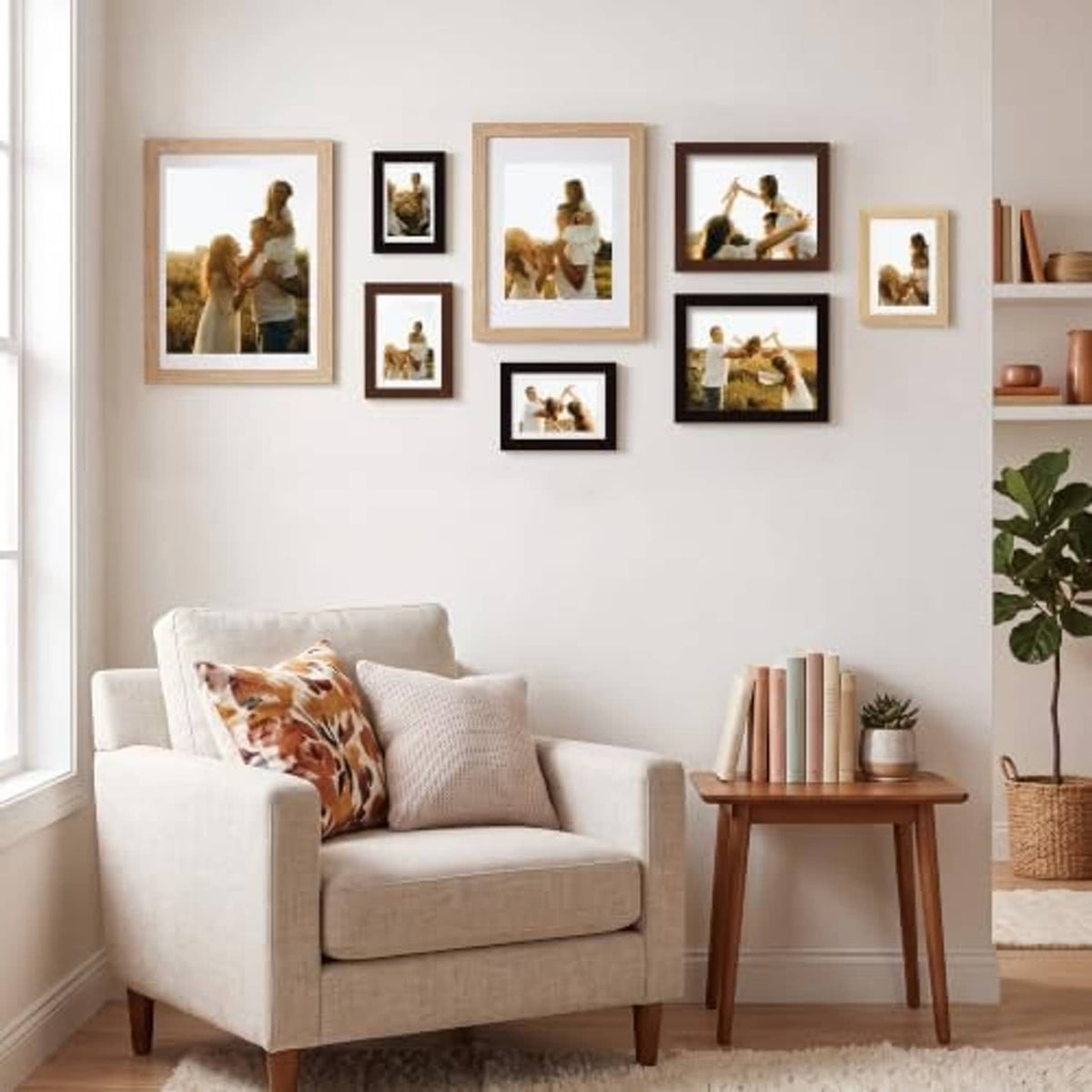 Multiple walnut wood 8x10 picture frames with clear glass displayed on a wall