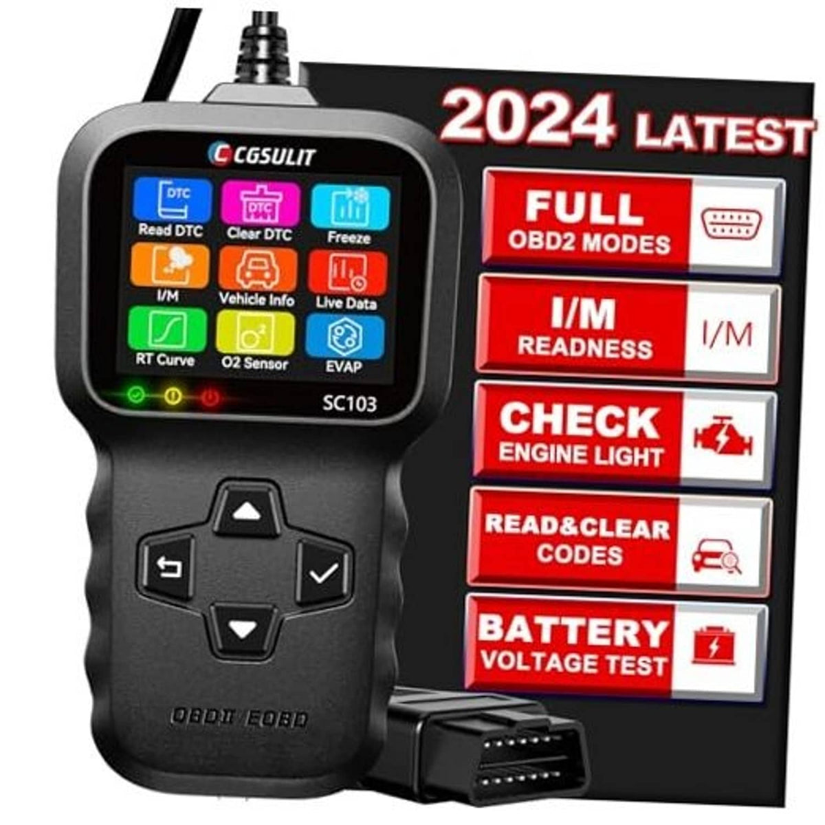 Handheld OBD2 code scanner with color screen, keypad, and OBD port cable