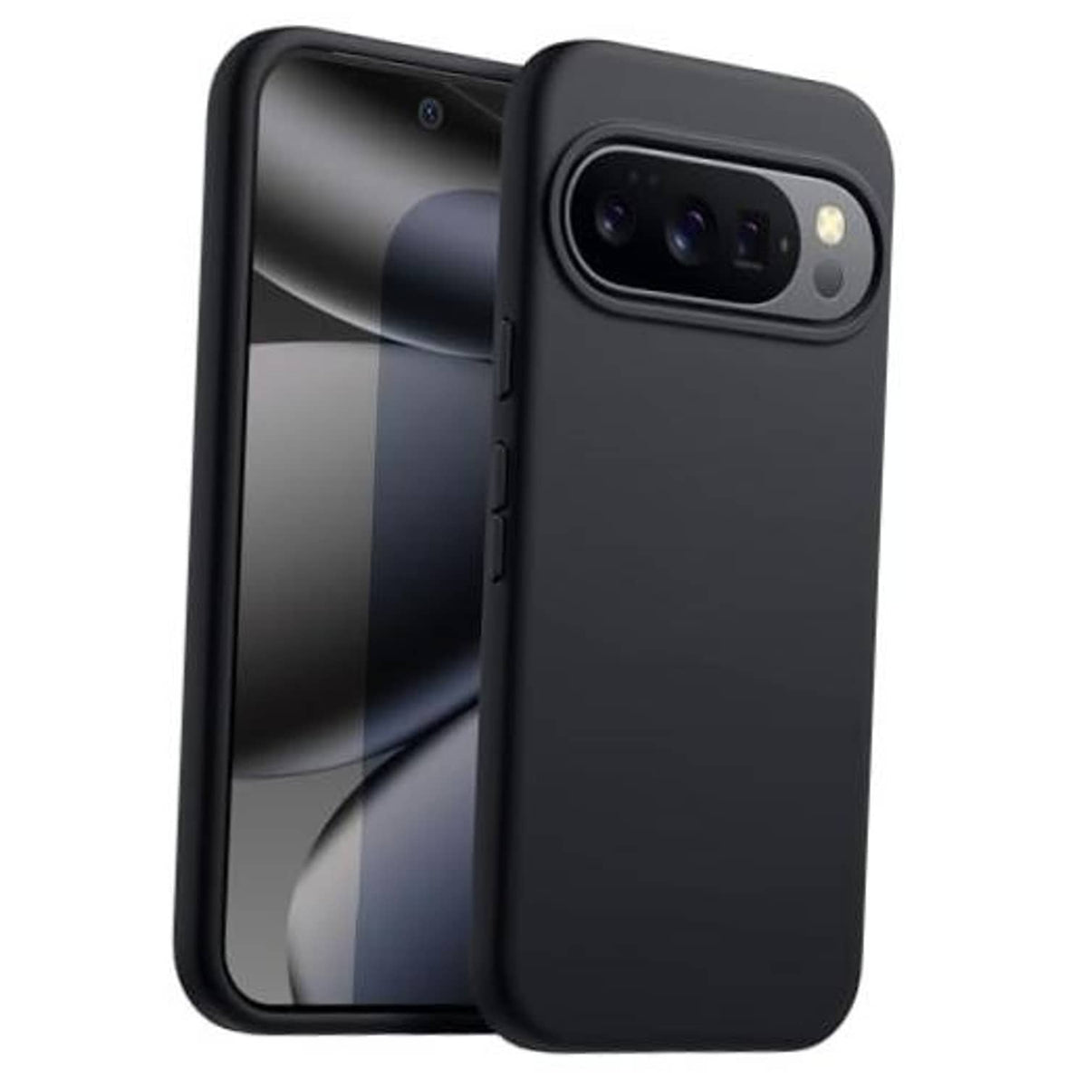 Obsidian black silicone phone case with dual camera cutout and raised lip