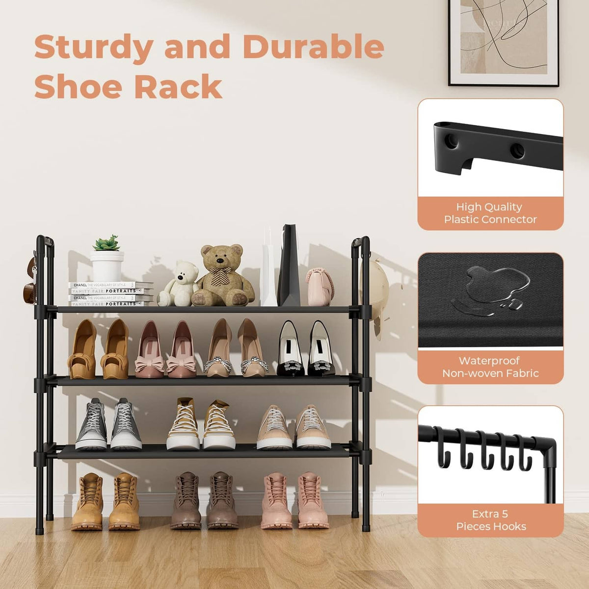 Black 3-tier shoe rack with non-woven fabric shelves and extra side hooks