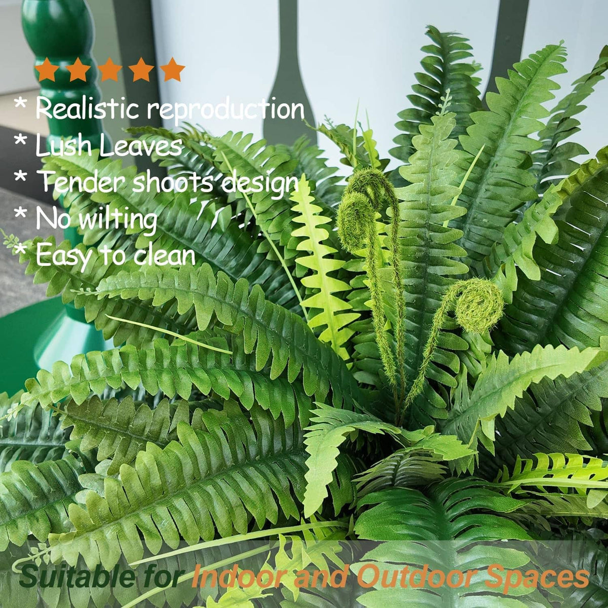Artificial green fern with tightly folded fronds and textured leaflets; set of 2.