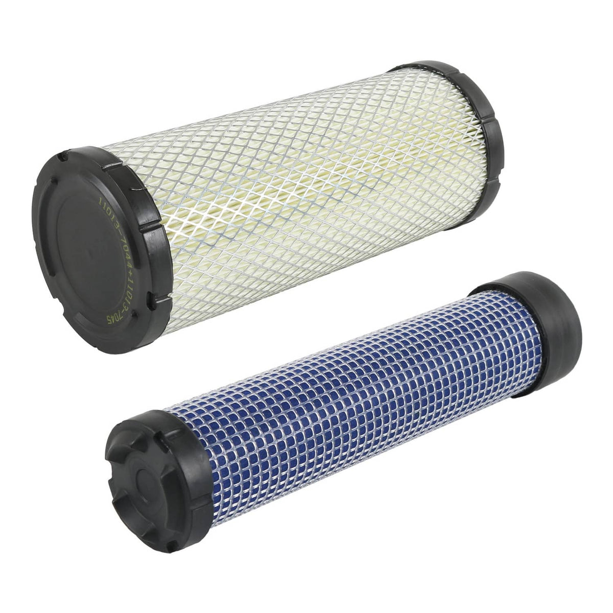 Air filter set with one white pleated and one blue mesh cylindrical filter